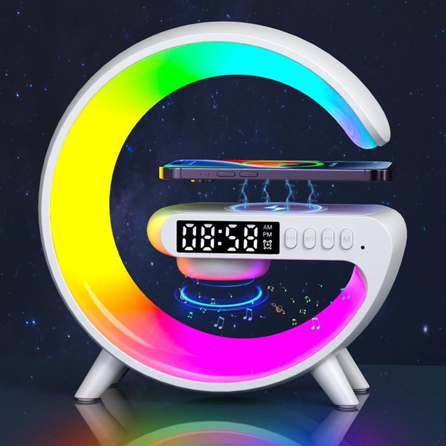 Smart Alarm Clock with G-Shape RGB Light Bluetooth Speaker, Wireless Charging Smart Alarm Clock with G-Shape RGB Light Bluetooth Speaker, Wireless Charging